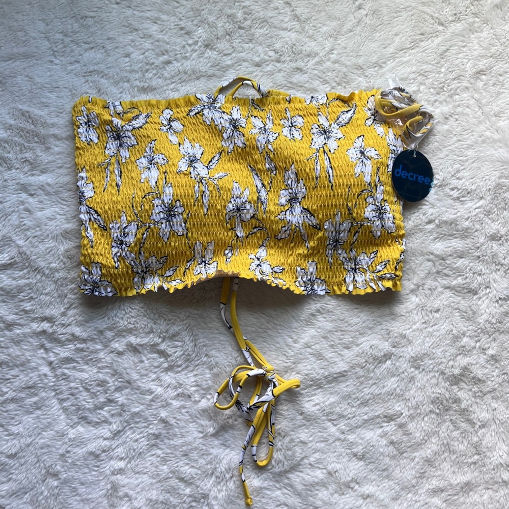 Decree Womens XXL Yellow Floral Smocked Bandeau Bikini‎ Top Removable Straps NWT